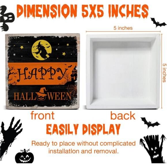 Witch Decor Halloween Wood Sign Happy Halloween Decorations Table Desk 5x5 Inch - Picture 3 of 8